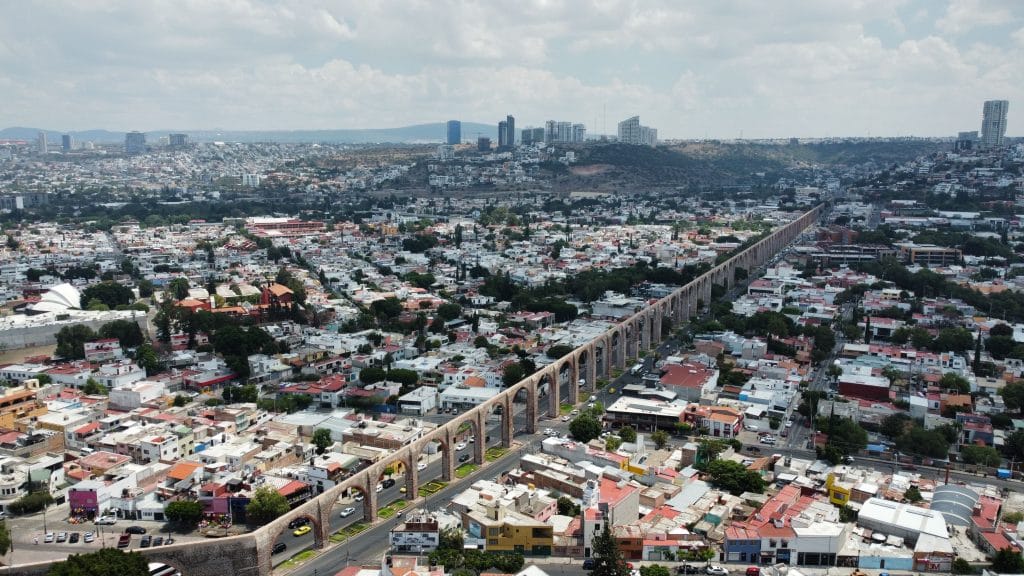 Drone view of the historic aqueduct in Santiago de Querétaro, Mexico.